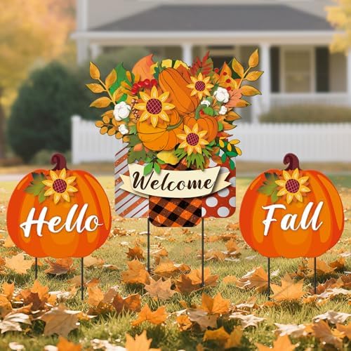 3 Pcs Metal Pumpkin Yard Stakes with Welcome Sign Hello Fall Pumpkin ...