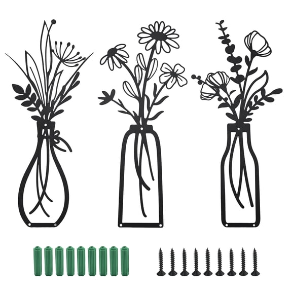 3 Pcs Metal Sturdy & Rust-Resistant, Black Flower Vase Wall Art Decor, Living Room Bathroom Bedroom Home Accent