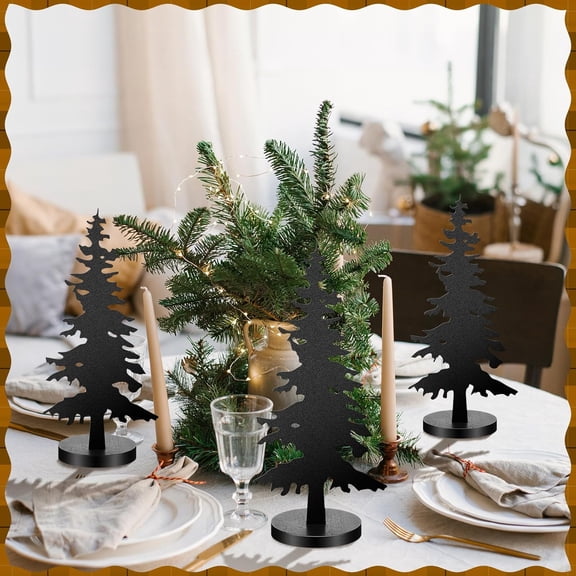3 Pcs Metal Tree Tabletop Decor Black Metal Evergreen Tree Rustic Farmhouse Table Centerpiece with Wooden Base Freestanding Artificial Forest Sign for Cabin Home Mantel Shelf Gift