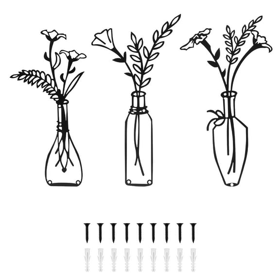 3 Pcs Metal Vase Flower Wall Art Natural Themed Black Minimalist Metal Flower Wall Art for Home Bedroom Dining Room Housewarming