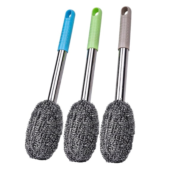 3 Pcs Metal Wool Scrubber With Long Handle,Stainless Steel Sponge Scrubbing Scouring Pad With Long Handle,Stainless Steel Sponge Cleaning Brush,Scouring Brush Pad For Kitchen Pots, Pans,12.59 in