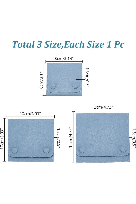 3 Pcs Microfiber Jewelry Rolls Bags 3 sizes Square Portable Travel Wrist Watch Pouches Bag Case with Snap Button Organizer for Bracelet Rings Necklace for Traveling Gifting Blue