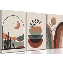 3 Pcs Mid-Century Modern Boho Canvas Wall Art Neutral Abstract Bohemia Geometric Moon Sun Desert Plant Pictures Wall Decor Poster Print Artwork for Living Room Office Bedroom Home Decoration Und