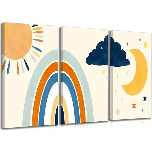 3 Pcs Mid Century Modern Boho Sun Canvas Wall Art Neutral Abstract Minimalism Bohemian Mountains Plants Pictures Wall Decor Posters Prints Artwork for Bedroom Living Room Home Decoration