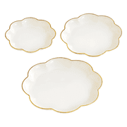 3 Pcs Milk White Flower Serving Dish Set, Plastic Flower Serving Dish with Metallic Rim, Lightweight Bone Dishes, Food-safe Dinner Plate Set, Snack Dessert Fruit Plate
