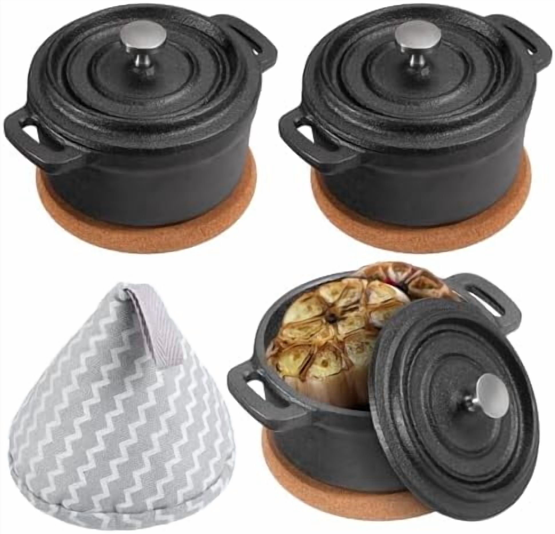 3 Pcs Mini Cast Iron Dutch Oven Set – 8 oz Garlic Roaster Cocotte Pots ...