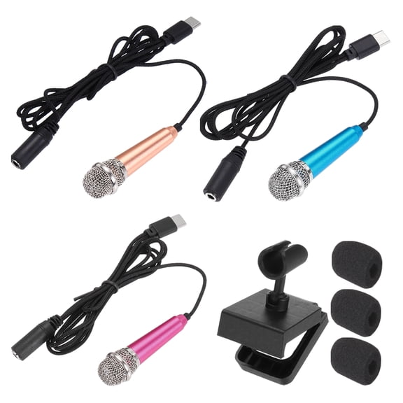 3 Pcs Mini Microphone, Mini Mic Tiny Microphone Phone Type C Mic Small Microphone with Bracket, Sponge Cover for Record Phone Voice, Gold/Hot Pink/Blue