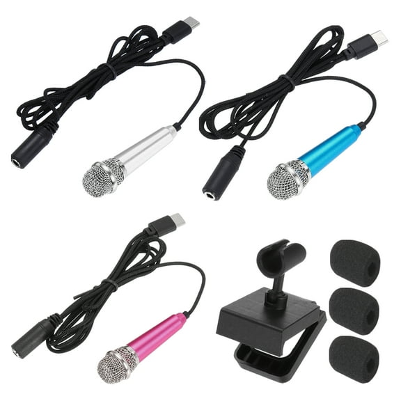3 Pcs Mini Microphone, Mini Mic Tiny Microphone Phone Type C Mic Small Microphone with Bracket, Sponge Cover for Record Phone Voice, Silver/Hot Pink/Blue