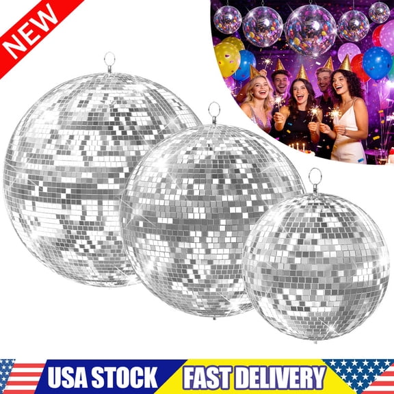 3 Pcs Mirror Disco Balls, 12" + 16" + 20" Assorted Reflective Hanging Party Disco Ball, Glass Silver Mirror Ball for Dance Club, Weddings, DJ Events, Holiday, Home Decor