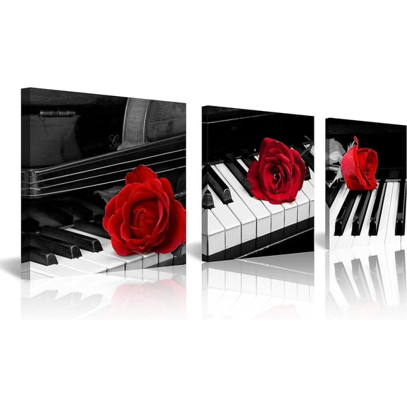 3 Pcs Modern Canvas Painting Black and White Red Rose Canvas Art Rose and Piano Keyboard Wall Art Music Decorations Flower Picture on Canvas for Home Decor Giclee Framed Artwork for Wall