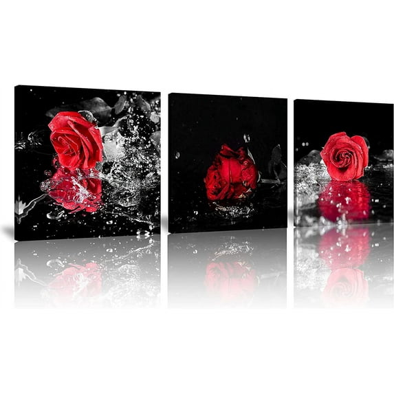 3 Pcs Modern Canvas Painting Black and White Red Rose Canvas Art Rose and Water Drops Wall Art Flower Picture on Canvas for Home Decor Giclee Framed Artwork for Wall