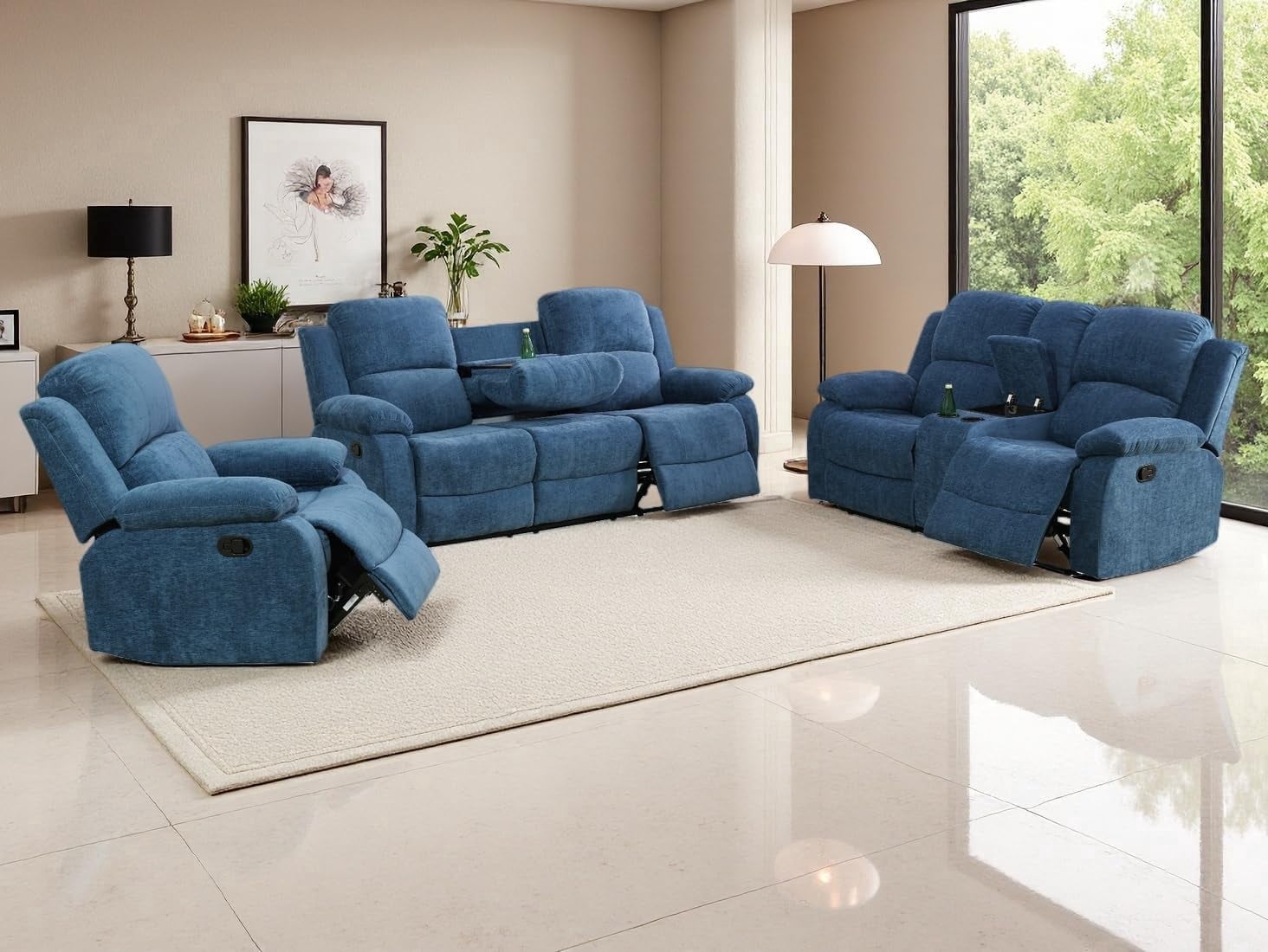 3-Pcs Modern Fabric Manual Reclining Sofa Living Room Set with Cup ...
