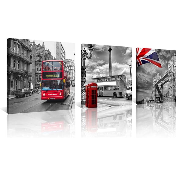 3 Pcs Modern Giclee Canvas Black and White with Red Theme Wall Art Landscape Wall Decor Paintings on Canvas Stretched and Framed (16X16inchX3pcs, London Bus)