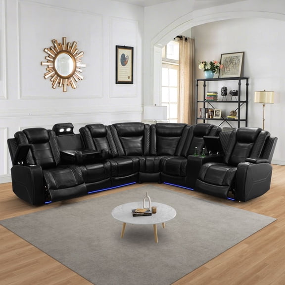 3-Pcs Modern Leather Power Reclining Sectional Sofa Living Room Set with LED Light, Cup Holder & Storage Console, Black