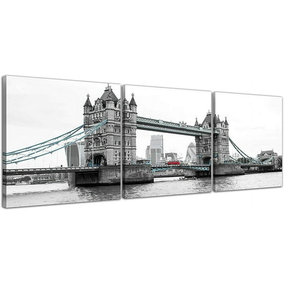 3 Pcs Modern London Tower Bridge Canvas Prints Red Bus on Bridge Black and White Wall Art Landscape Wall Decor Paintings on Canvas Stretched and Framed Ready to Hang for Home Decor