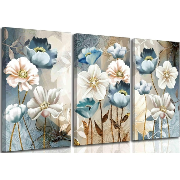 3 Pcs Modern Luxury Lotus Flower Canvas Wall Art White and Blue Floral Painting Pictures Wall Decor Posters Print Artwork for Living Room Bedroom Bathroom Office Home Decoration Unframed