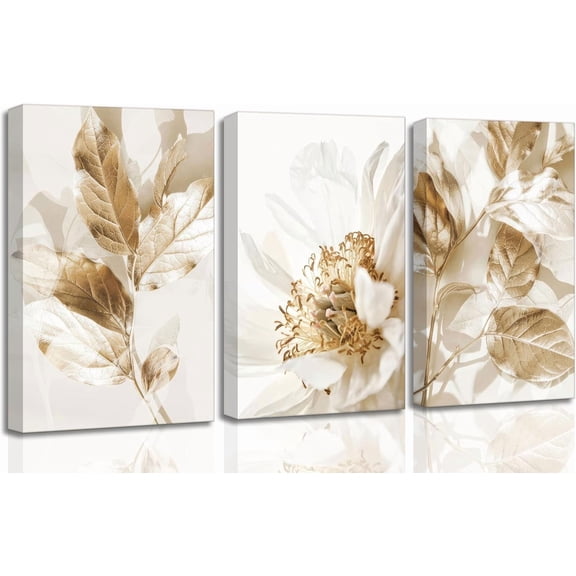 3 Pcs Modern White Gold Floral Leaves Canvas Wall Art 12x16in