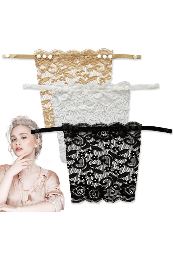 3 Pcs Modesty Panels for Low Cut Tops, Lady Lace Clip-On Mock Camisole Bra Insert with Adjustable Strap Overlay Modesty Panel Vest Cleavage Cover Up for Low Cut Dresses