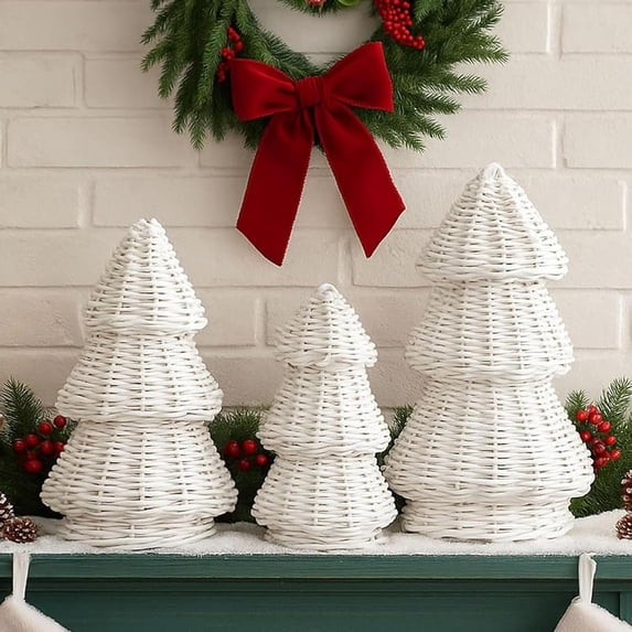 3 Pcs Morden Christmas Decor Gift Rattan Wicker Christmas Cone Tree Neutral Xmas Tabletop Centerpiece for Mantel Fireplace Home Tiered Tray Holiday Party Decor, 3 Sizes(Burlywood)