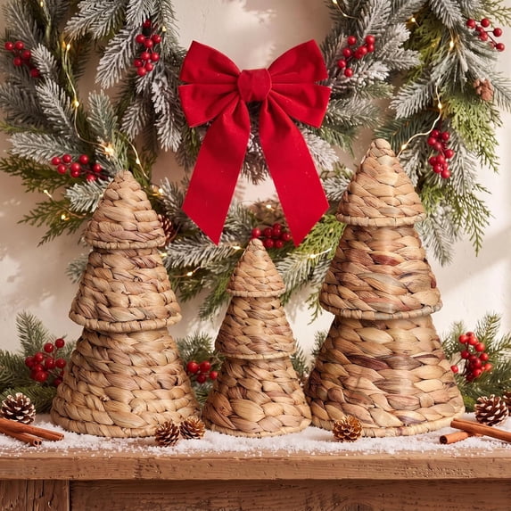 3 Pcs Morden Christmas Decor Gift Rattan Wicker Christmas Cone Tree Neutral Xmas Tabletop Centerpiece for Mantel Fireplace Home Tiered Tray Holiday Party Decor, 3 Sizes(Burlywood)
