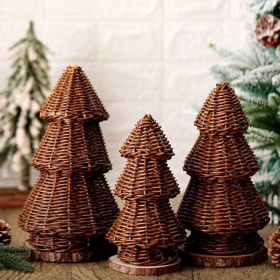 3 Pcs Morden Christmas Decor Gift Rattan Wicker Christmas Cone Tree Neutral Xmas Tabletop Centerpiece for Mantel Fireplace Home Tiered Tray Holiday Party Decor, 3 Sizes(Burlywood)