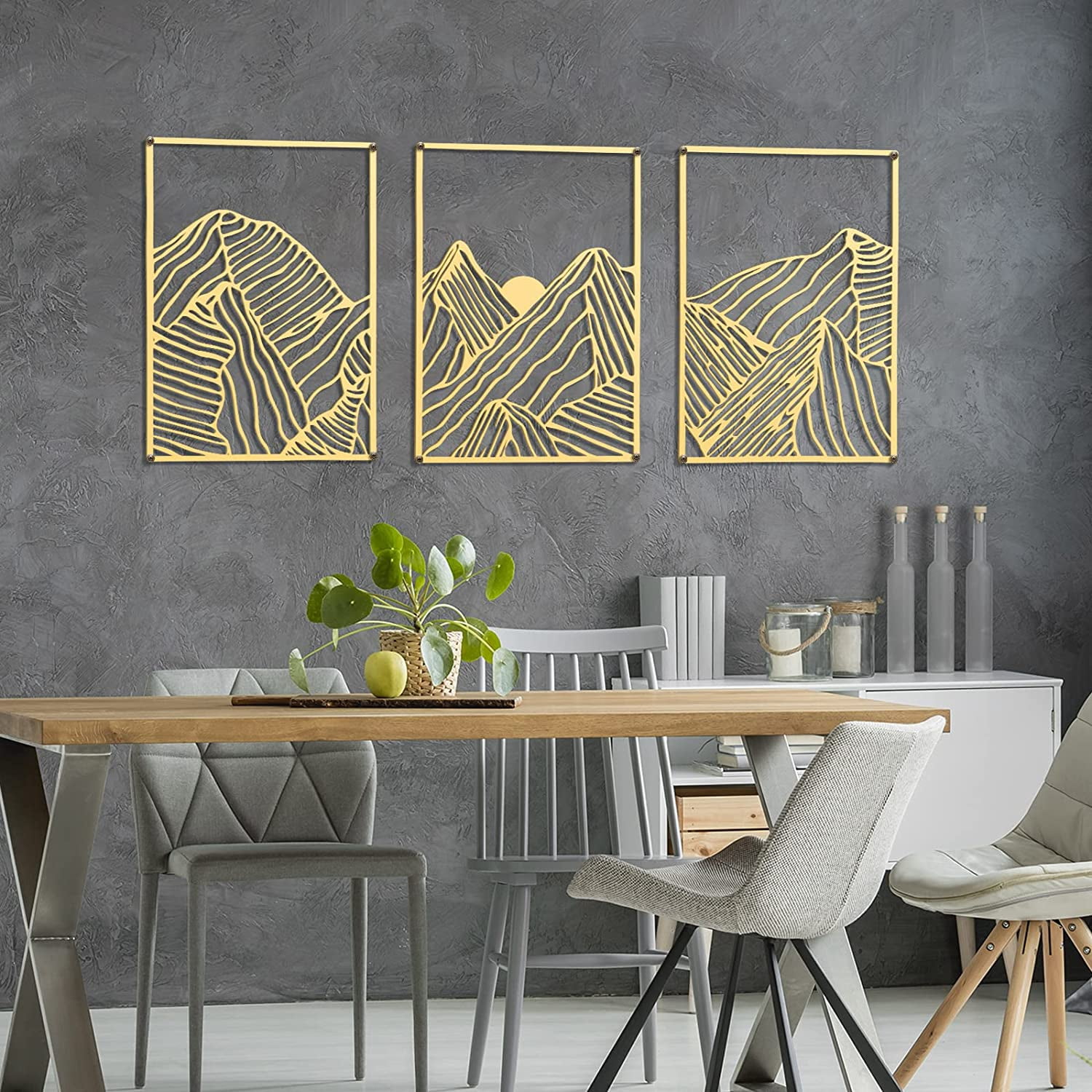 4-Pack Gold Mountain Line Wall Art - Metal Abstract Minimalist Decor For Living Room, Bedroom, Bathroom (17x12")