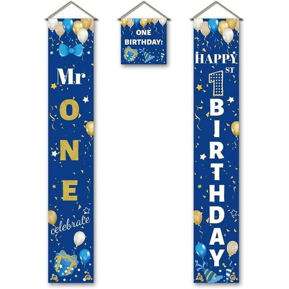 3 Pcs Mr. Onederful Birthday Banner Door Hanging Banner Flag Hanging Decorations Couplet Birthday Decor Sign Set Party Supplies for Home Front Door Porch Yard Decorations Blue180x30cm Blue