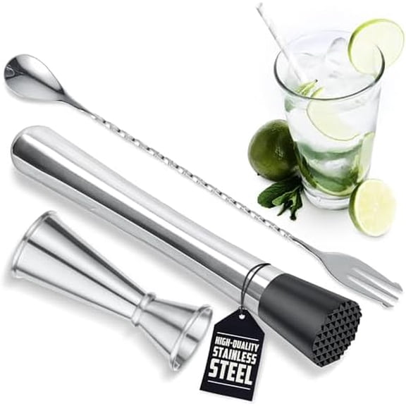 3 Pcs Muddler for Cocktails Set - Bar Muddler Tool with Sturdy , Versatile Cocktail Spoon & Jigger, Easy to Use & Clean, Stylish Rust-Resistant Stainless Steel Set - Bar Tools for Drinks Mixing