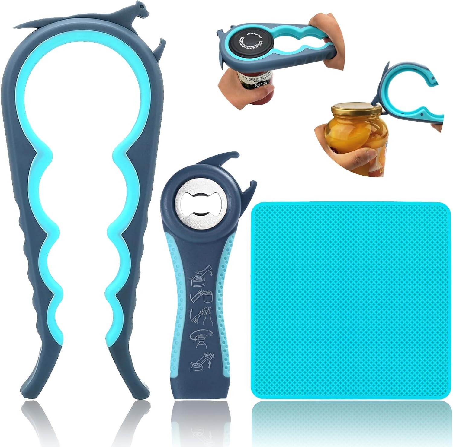 3 Pcs Multi-Function Jar Opener Set, 5 in 1 Can Bottle Opener for Weak Hands Elderly Arthritis, Kitchen Tool with Non-Slip Rubber Jar Gripper Pad