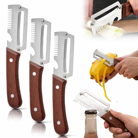 3 Pcs Multi-Functional Vegetable Peeler – Ultra-Sharp Stainless Steel Blades, Plastic Handle with Built-in Bottle Opener, Swivel