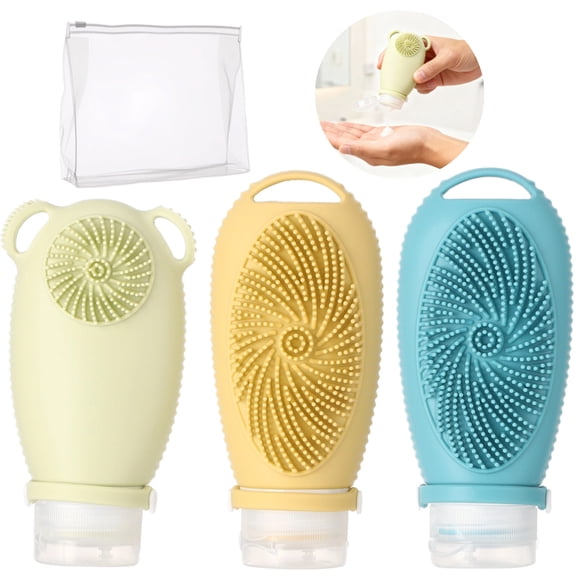 3 Pcs Silicone Travel Bottles, 100 ml Leak-Proof Refillable Toiletry Containers with Massage Brush & PVC Zipper Bag, TSA Approved Squeezable Bottles for Shampoo, Body Wash & Facial Cleanser