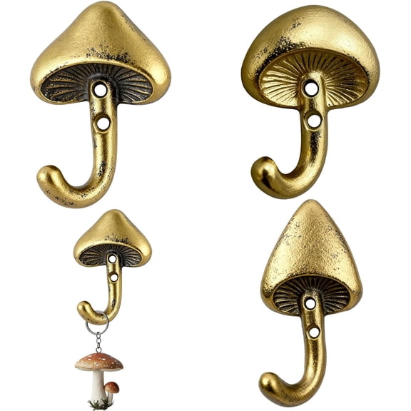 3 Pcs Mushroom Wall Hooks Decorative Iron Mushroom Shaped Hanging Hooks Wall Mounted Coat Towel Bags Hanger Key Holder for Home Bathroom Kitchen(Short Size,Classic Style,Gold)