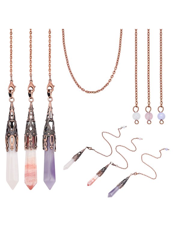3 Pcs Natural Amethyst Rose Quartz Pendulum 12.48 inch Pendulums Set for Divination Dowsing Wrapped Necklace for Women Men Gemstone Necklaces