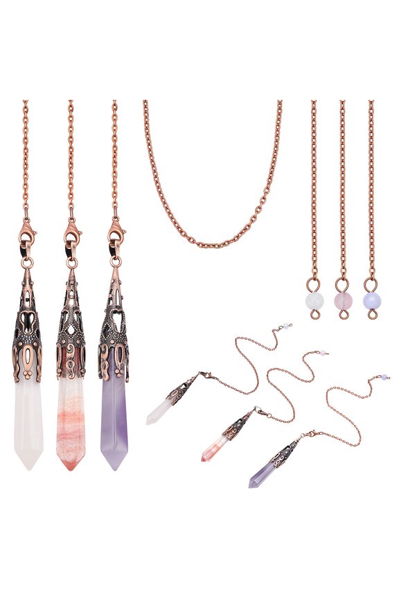 3 Pcs Natural Amethyst Rose Quartz Pendulum 12.48 inch Pendulums Set for Divination Dowsing Wrapped Necklace for Women Men Gemstone Necklaces