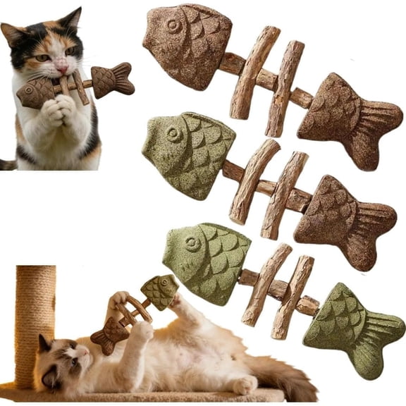 3 Pcs Natural Chew Toy For Cats, Whitening Fishbone Shape With Catnip & Silvervine, Teeth Cleaning Stick For Interactive Play & Health