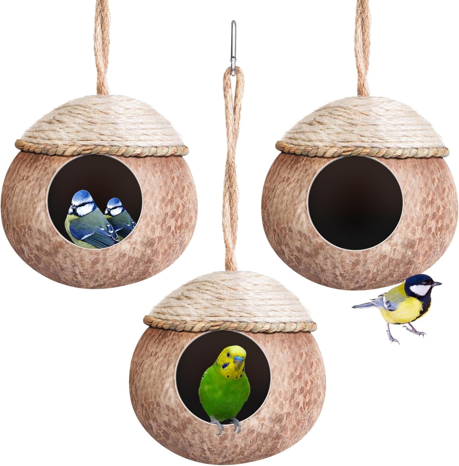 3 Pcs Natural Coconut Bird Hide Nest Bird Hut for Cage with Woven Straw ... - Parrot Habitat Kit For Home Decorations
