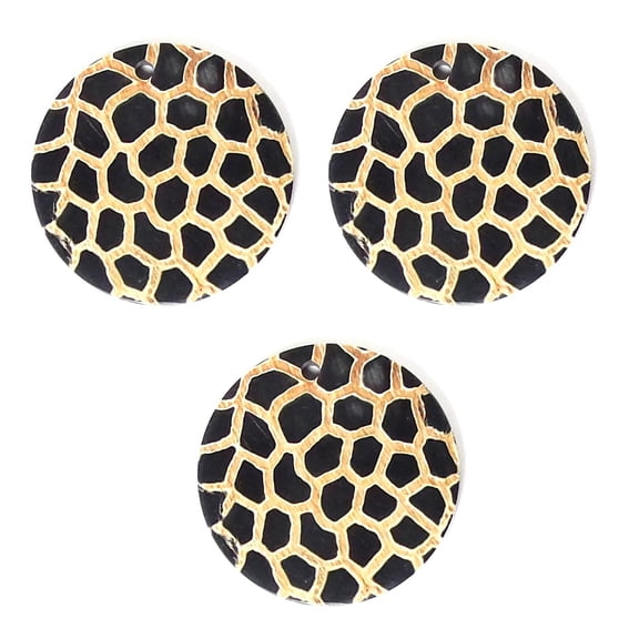 3 Pcs Natural HANDMADE Horn Beads PendantMedallion Round shape Hand Carved Leopard skin Design Jewelry Craft Necklace Choker Bracelet Earrings African Ethenic - Natural Color Finish- #BD3028