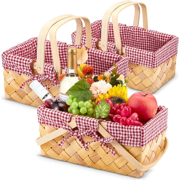 3 Pcs Natural Wicker Picnic Basket with Handles and Removable Liner 13x7x6.5 Inch Empty Willow Woven Picnic Hamper Easter Egg Candy Gift Storage Basket for Holiday Party Supplies(Wood Color)
