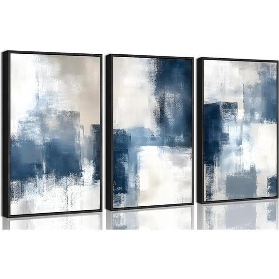 3 Pcs Navy Blue Abstract Canvas Wall Art Modern Minimalist Neutral Blue and Grey Paintings Pictures Wall Decor Poster Print Artwork for Living Room Bedroom Office Home Decoration Und