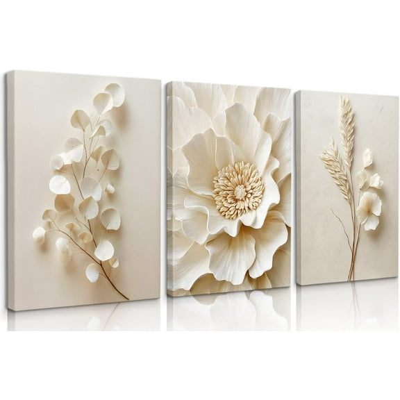 3 Pcs Neutral Beige Botanical Wall art Modern Minimalist Florals Wall Decor White Neutral Botanical Posters Prints Beige Bloom Florals Textured Paintings Vintage Blossom Pictures 12x16in Unframed