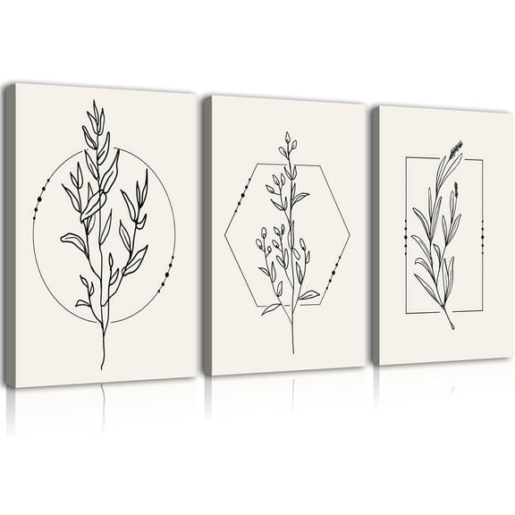 3 Pcs Neutral Botanical Canvas Wall Art Beige Plant Pictures Minimalist Line Retro Floral Posters Prints Boho Artwork Simple Farmhouse Painting Home Wall Decor for Living Room Bedroom 12X16in Framed