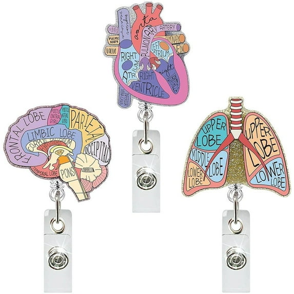 3 Pcs Nurse Badge Reels Retractable Badge Holders with Alligator Clip Anatomy Heart Brain Lung Patterns Badge Reels for RN Nurse Doctor Gift