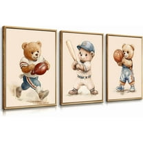 3 Pcs Nursery Bear Wall Art Boys Sports Canvas Wall Decor Vintage Cute Animal Poster Prints Kids Room Painting Pictures for Living Room Bedroom Ready to Hang (16x24in Canvas)