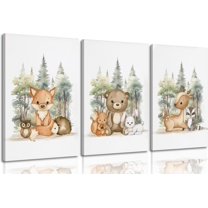 3 Pcs Nursery Woodland Animals Canvas Wall Art Fox Bear Deer Painting Picture Wall Decor Cute Wild Animals Poster Print Artwork For Baby Bedroom Kids Room Home Decoration 16inx24in