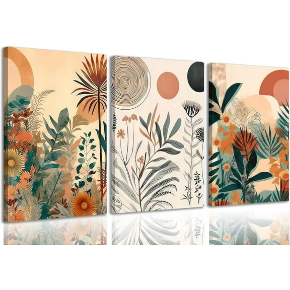 3 Pcs Orange Boho Plants Wall Art Burnt Orange Botanical Poster Prints Wall Decor Pictures Abstract Floral Canvas Paintings for Bedroom Office Dining Kitchen Home Decoration Unframed
