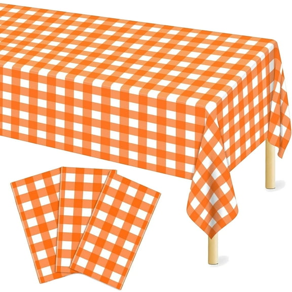 3 Pcs Orange Checkered Tablecloth 54 ×108 Inches Rectangle Orange Gingham Tablecloth Disposable Plastic Waterproof Table Cover for Outdoor Picnic Kitchen Holiday Birthday Party