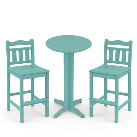 3 Pcs Outdoor Bar Set, HDPE Adirondack Bar Height Chairs Set of 2 and Round Bar Table, All Weather Patio Bistro Set for Balcony, Poolside, Backyard (Aruba)