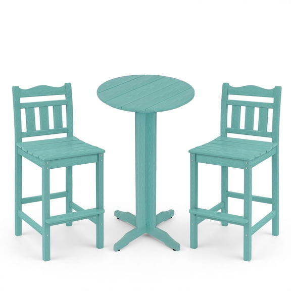 3 Pcs Outdoor Bar Set, HDPE Adirondack Bar Height Chairs Set of 2 and Round Bar Table, All Weather Patio Bistro Set for Balcony, Poolside, Backyard (Aruba)