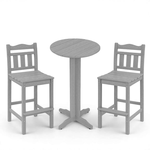 3 Pcs Outdoor Bar Set, HDPE Adirondack Bar Height Chairs Set of 2 and Round Bar Table, All Weather Patio Bistro Set for Balcony, Poolside, Backyard (Gray)