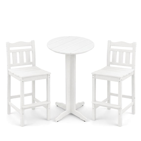 3 Pcs Outdoor Bar Set, HDPE Adirondack Bar Height Chairs Set of 2 and Round Bar Table, All Weather Patio Bistro Set for Balcony, Poolside, Backyard (White)
